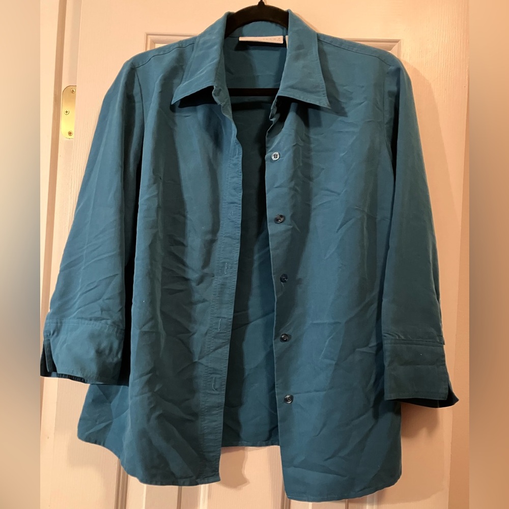 Liz Claiborne Y2K Teal 3/4 Sleeve Button Down Blouse